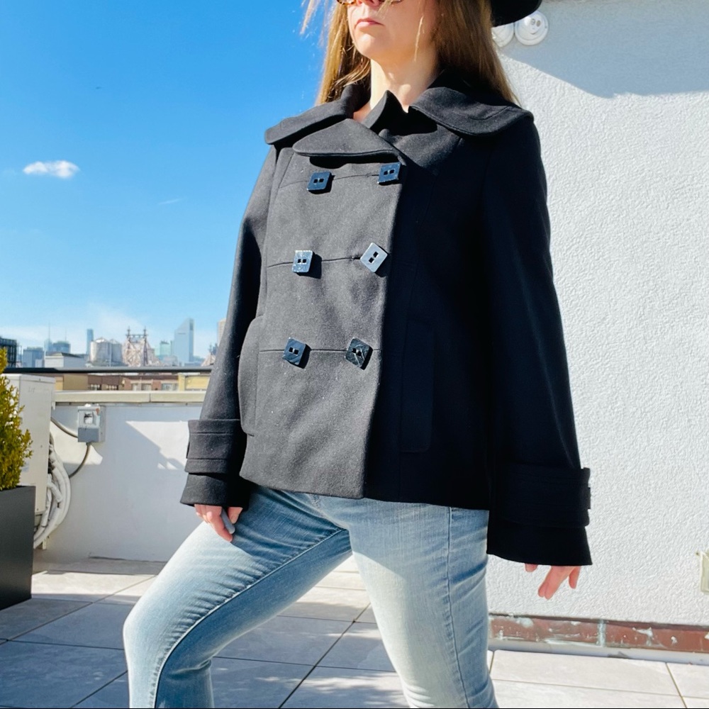 French Connection WOOL Square Buttons Big Notched Collar Wrap Cuffs Blazer